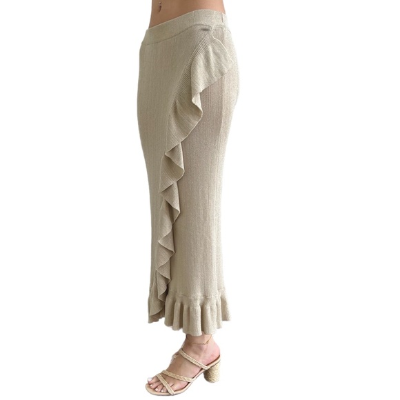 House of Harlow Gold Knit Ruffle Bodycon Maxi Skirt Small Pull On Stretchy Small - Picture 4 of 5